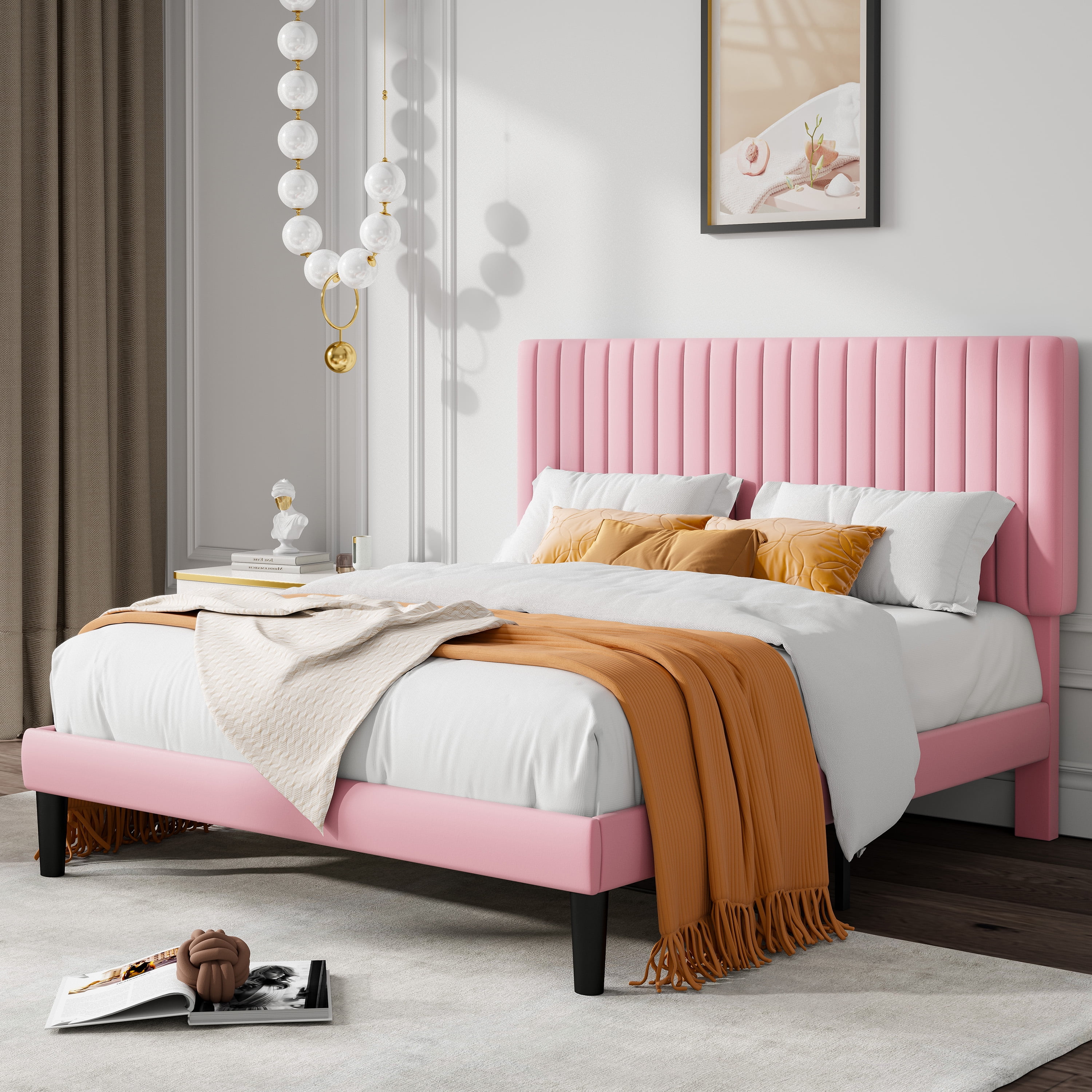 Allewie Queen Size Velvet Upholstered Platform Bed Frame with ...