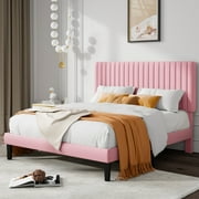 Allewie Queen Size Velvet Upholstered Platform Bed Frame with Adjustable Vertical Channel Tufted Headboard, Pink