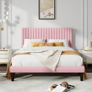 Allewie Queen Size Velvet Upholstered Platform Bed Frame with Adjustable Vertical Channel Tufted Headboard, Pink