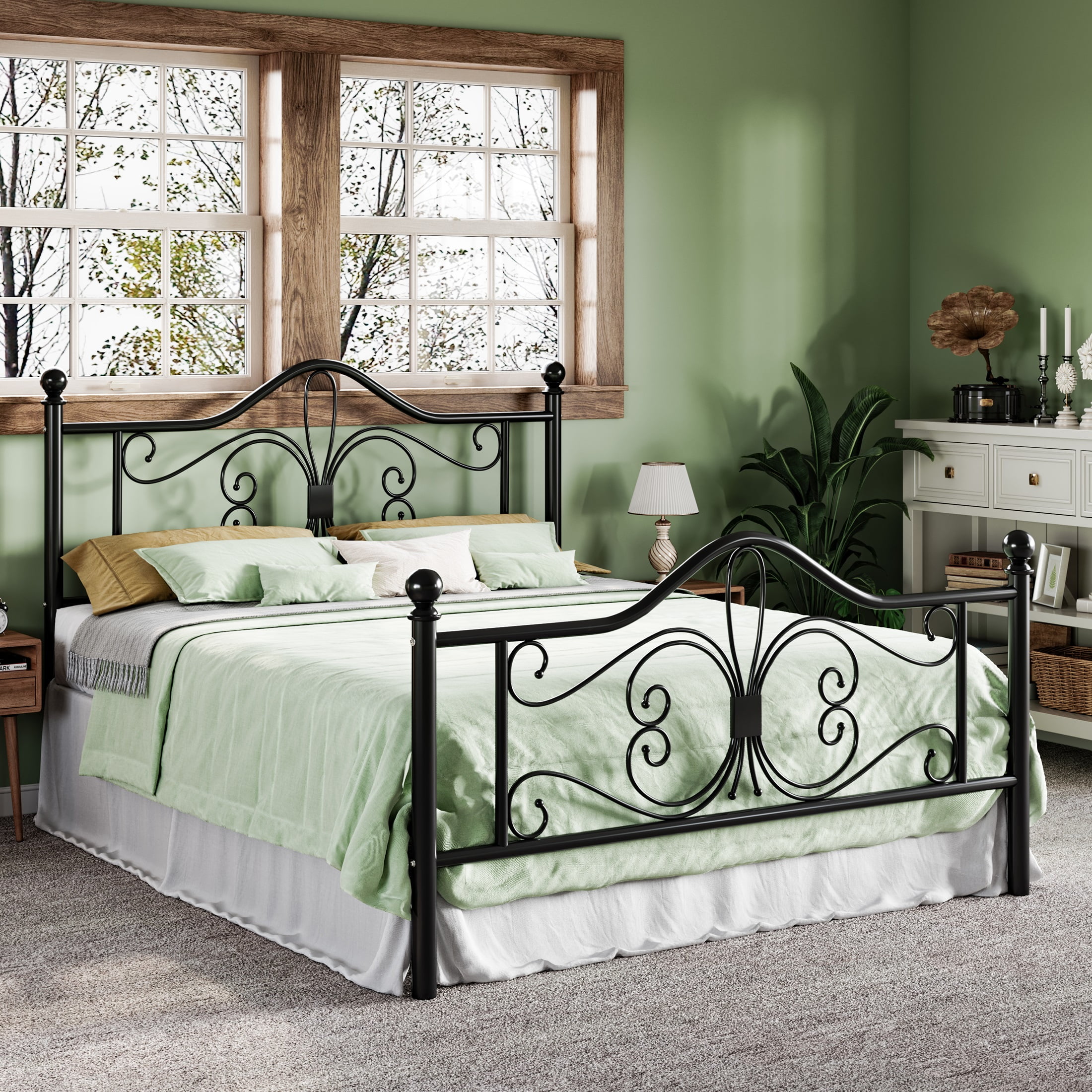 Allewie Queen Size Vintage Metal Bed Frame with Butterfly Pattern Design Headboard & Footboard