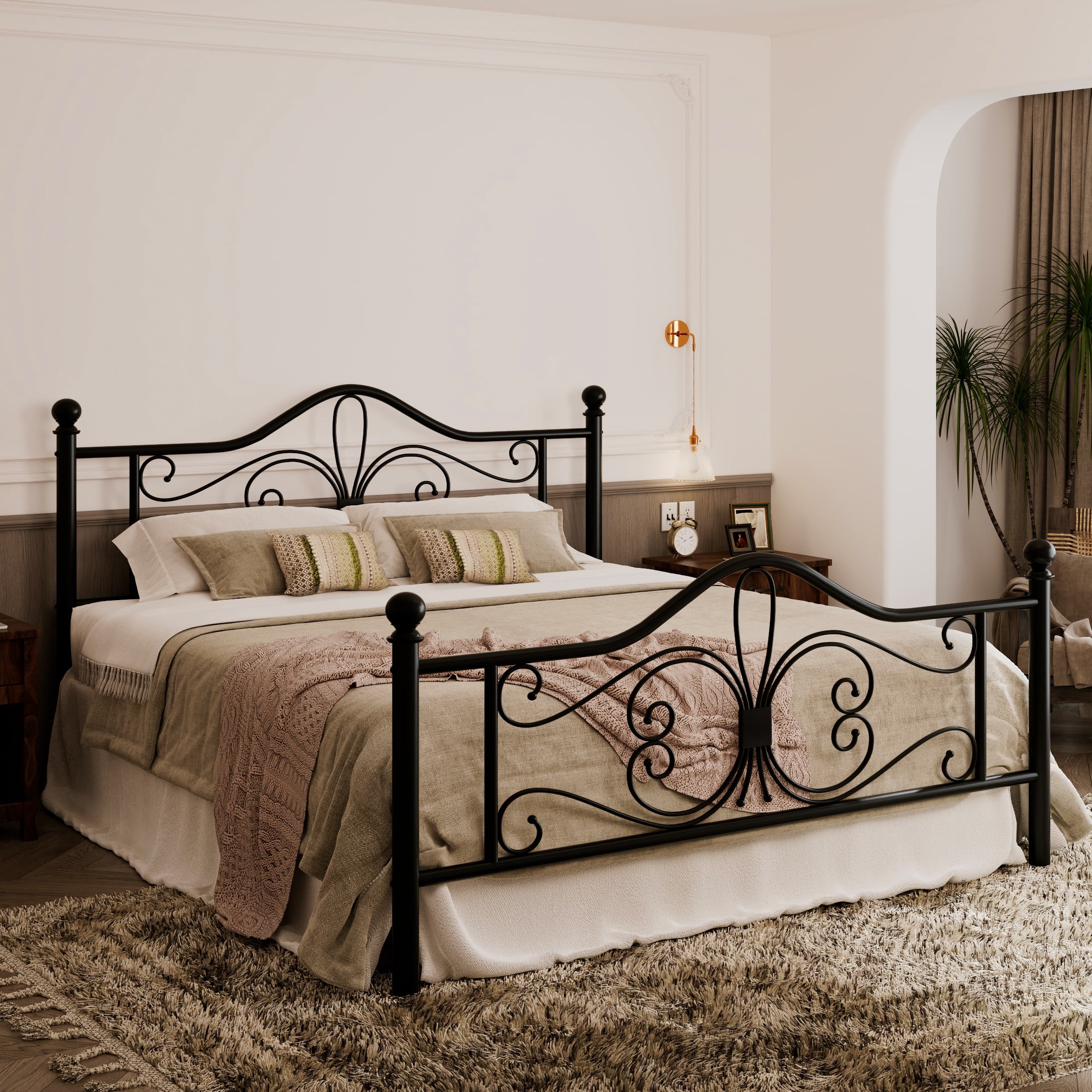 * antique flame ୨୧* オーバル型 かわいいアンティークフレーム Allewie Queen Size Vintage Iron Metal Bed Frame with