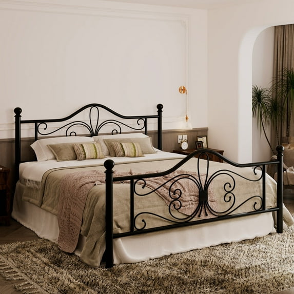 Allewie Queen Size Vintage Metal Bed Frame with Butterfly Pattern Design Headboard & Footboard, Black