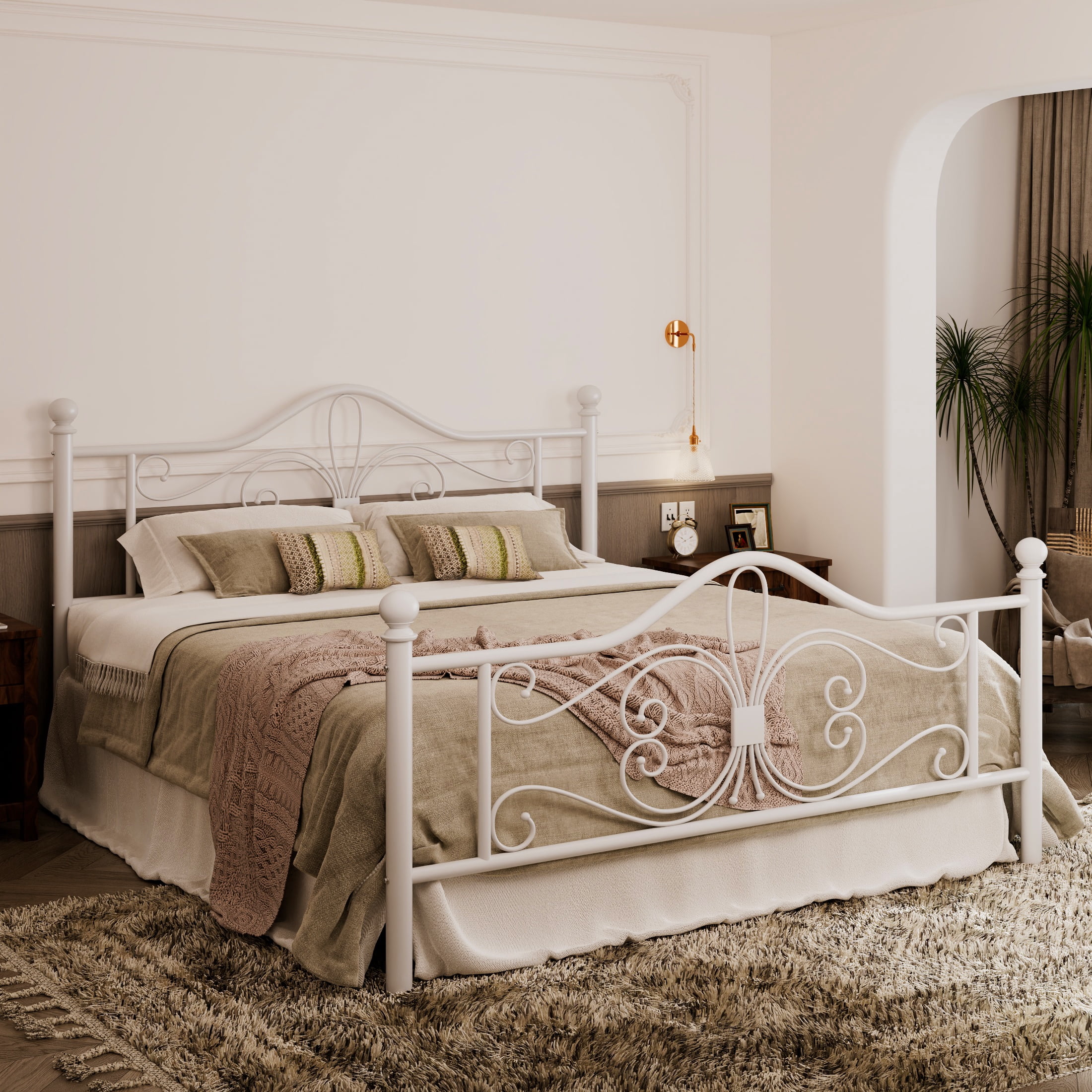 Allewie Queen Size Bed Frame, Vintage White Metal with Elegant ...