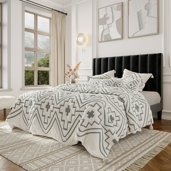Allewie Queen Velvet Upholstered Bed Frame with Vertical Channel Tufted Headboard, Black