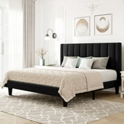 Allewie Queen Velvet Upholstered Bed Frame with Vertical Channel Tufted Headboard, Black