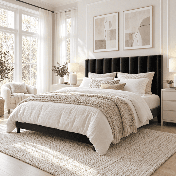 Allewie Queen Velvet Upholstered Bed Frame with Vertical Channel Tufted Headboard, Black
