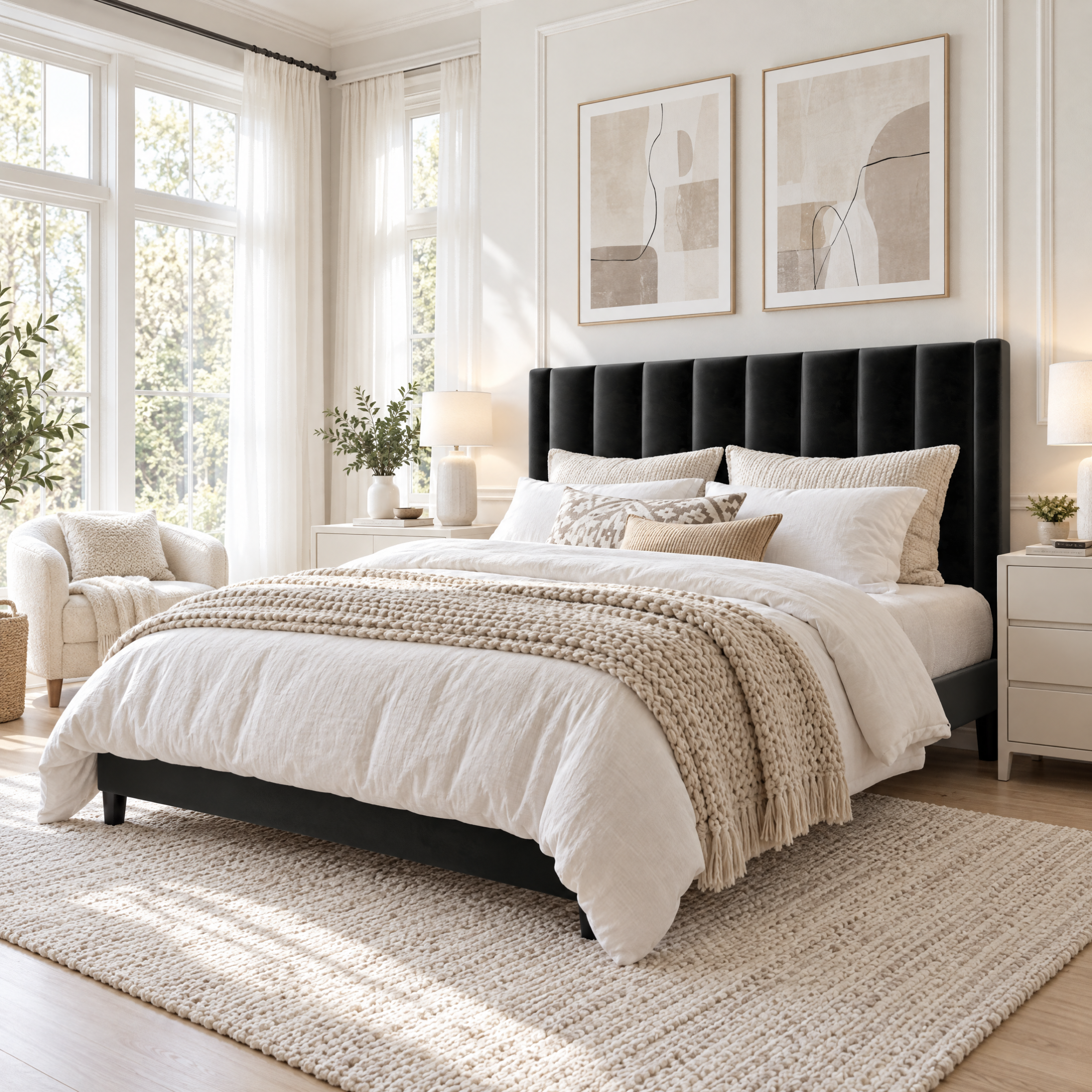 Allewie Queen Velvet Upholstered Bed Frame with Vertical Channel Tufted Headboard, Black