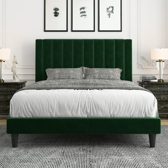 Allewie Queen Velvet Upholstered Bed Frame with Vertical Channel Tufted Headboard, Green