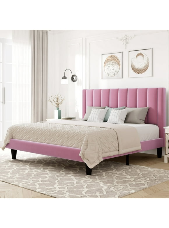 Allewie Queen Velvet Upholstered Bed Frame with Vertical Channel Tufted Headboard, Light Pink