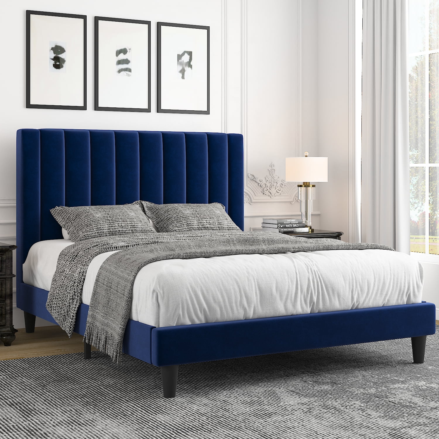 Allewie Queen Velvet Upholstered Bed Frame with Vertical Channel Tufted Headboard, Navy Blue