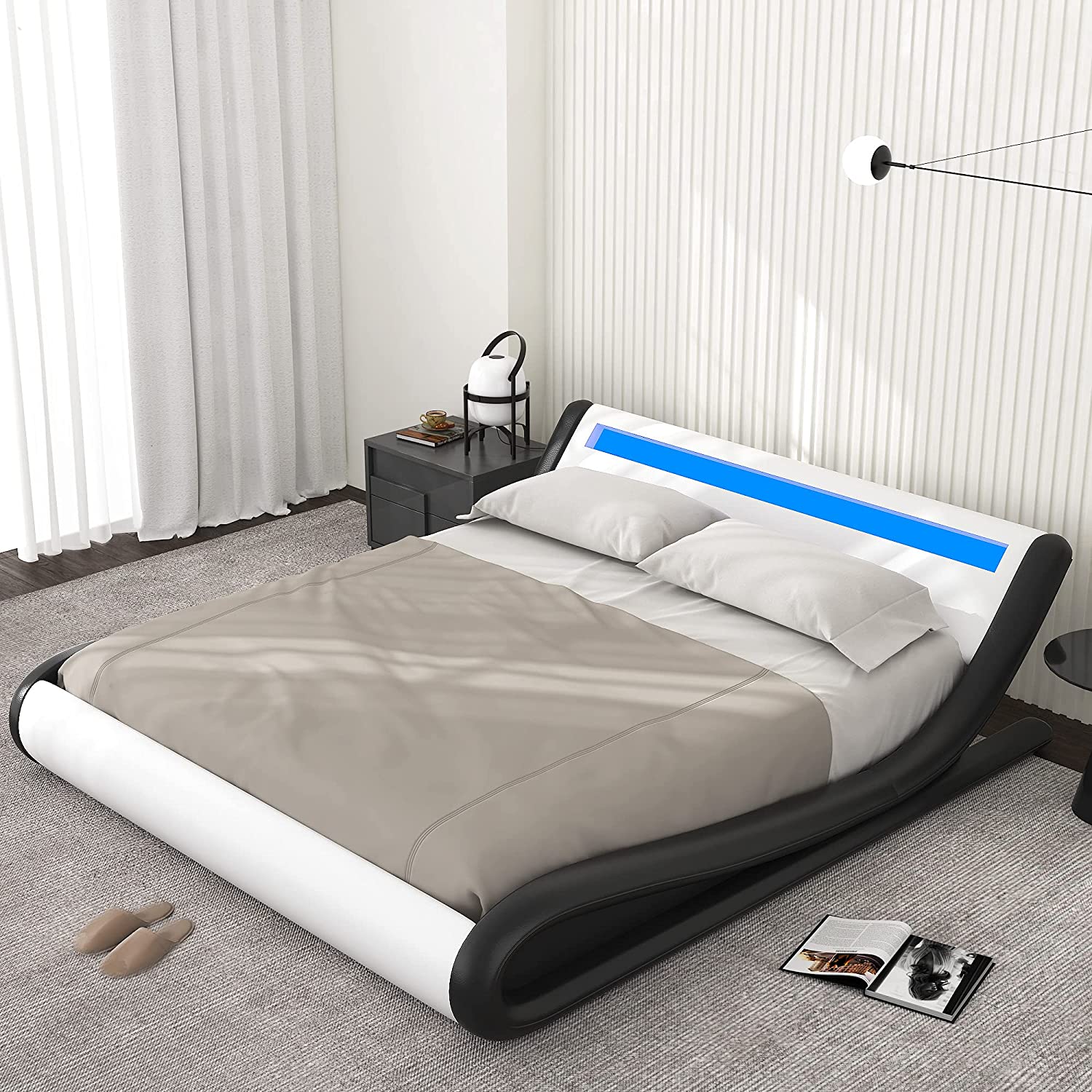 Allewie Queen size WaveLike Curve Deluxe Upholstered Modern Bed Frame