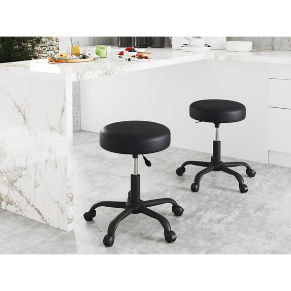 Allewie Round Rolling Stool PU Leather Height Adjustable Swivel Drafting Work SPA Medical Salon Stools Chair, Fully Black