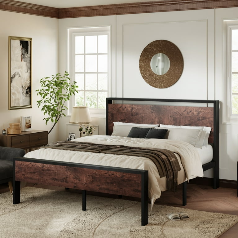 Metal bed frame wood headboard discount