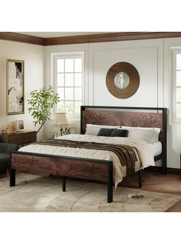 Allewie Sanders Queen Size Metal Platform Bed Frame with Wood Headboard and Footboard & Metal Slat