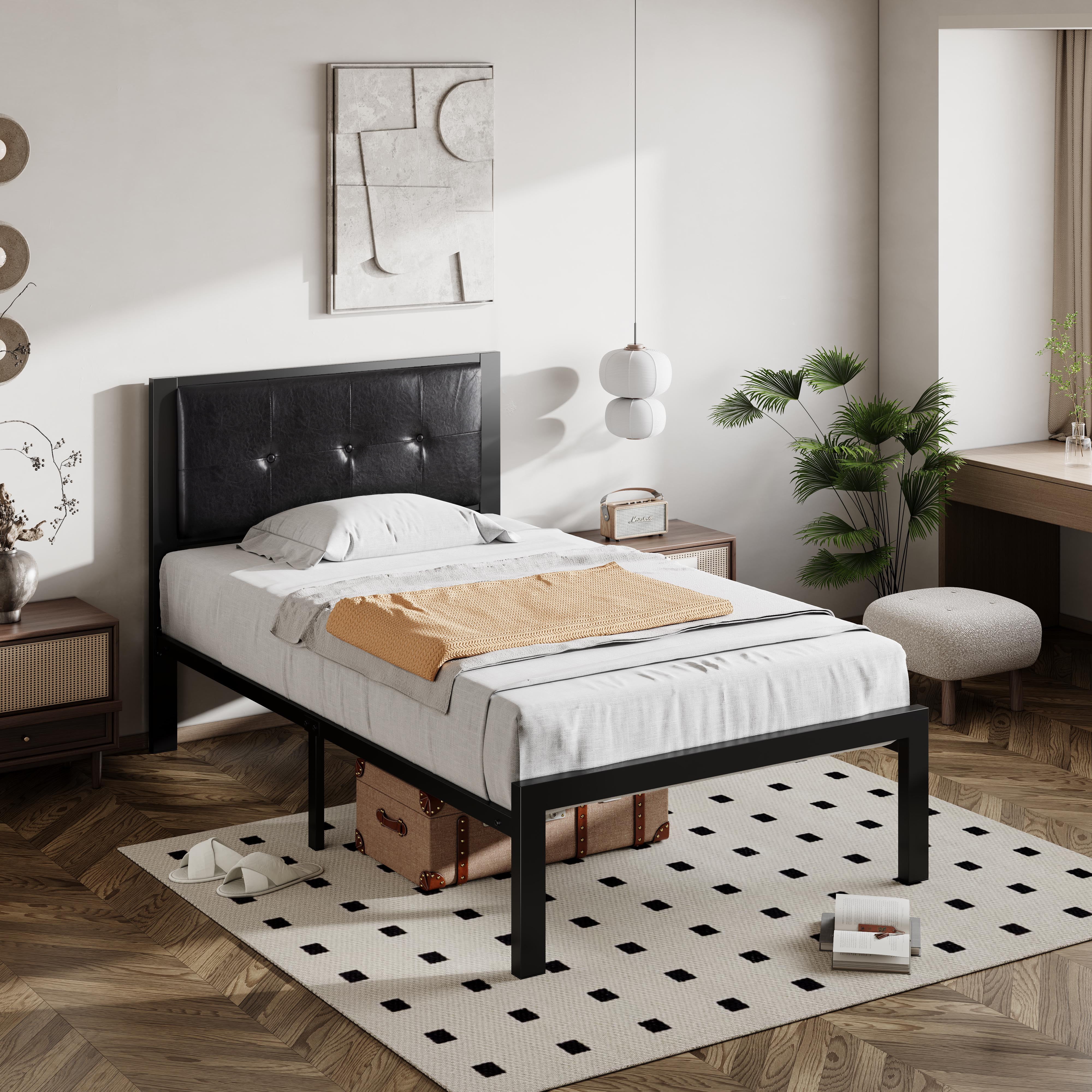 Allewie Twin Metal Platform Bed Frame with Faux Leather Button Tufted
