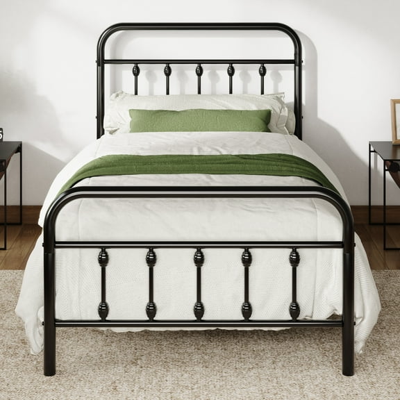 Allewie Twin Metal Platform Bed Frame with Vintage Pattern Headboard/Footboard, No Box Spring Needed, Black