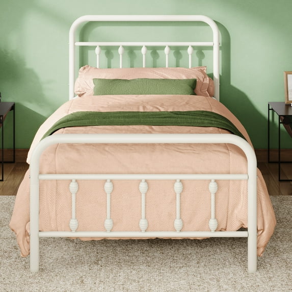 Allewie Twin Metal Platform Bed Frame with Vintage Pattern Headboard/Footboard, No Box Spring Needed, White