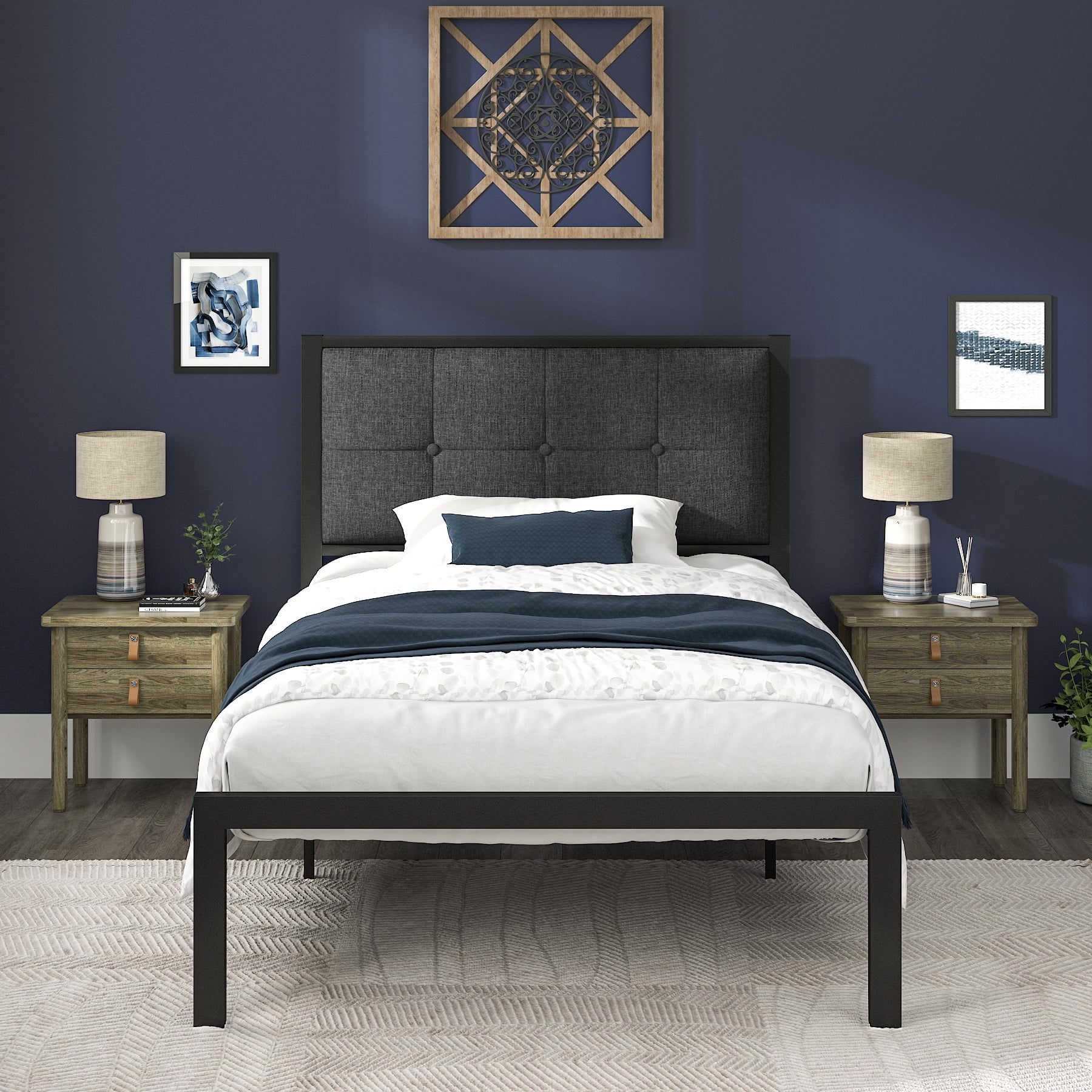 Allewie Twin Size Metal Platform Bed Frame with Linen Fabric Button Tufted Headboard, Under-Bed Storage, Grey
