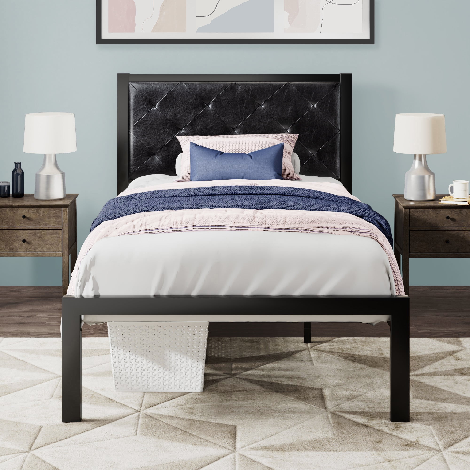 Allewie Twin Platform Bed Frame with Diamond Stitched Tufted Faux