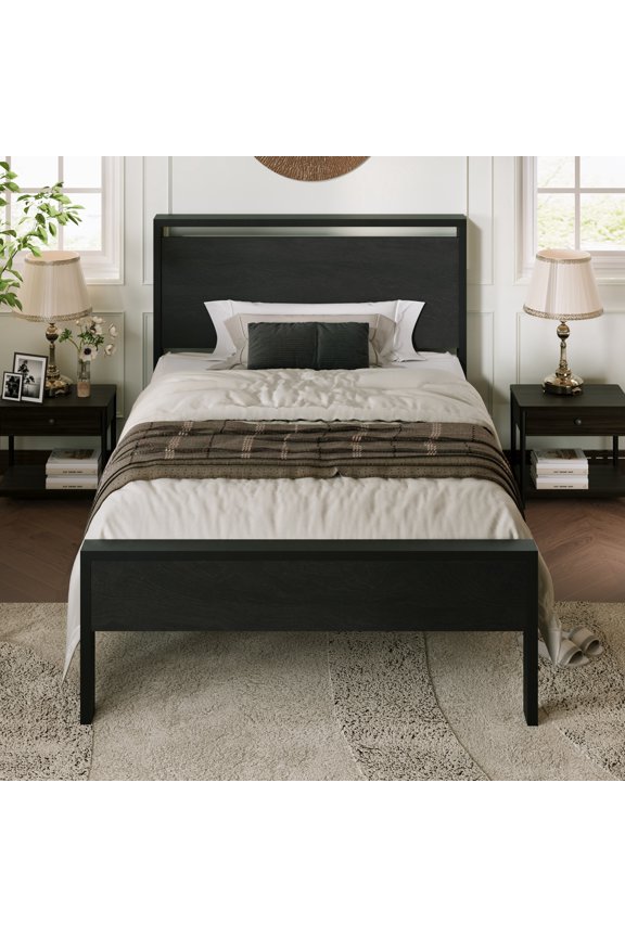 Twin Size Bed Frame, Heavy Duty Metal Platform Bed with Wooden Headboard & Footboard, No Box Spring Needed, Black Oak