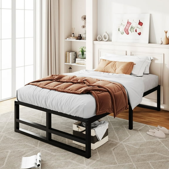 Allewie Twin Size Metal Platform Bed Frame with 14" Under Bed Storage, Strong Metal Slats Support, Black