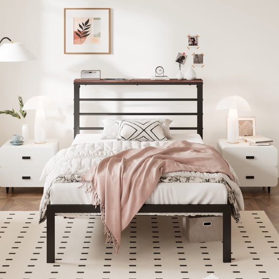 Allewie Twin Size Metal Platform Bed Frame with Brown Shelf, Vintage Headboard, Adult