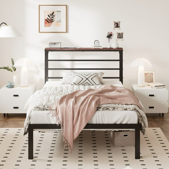 Allewie Twin Size Metal Platform Bed Frame with Brown Shelf, Vintage Headboard, Adult