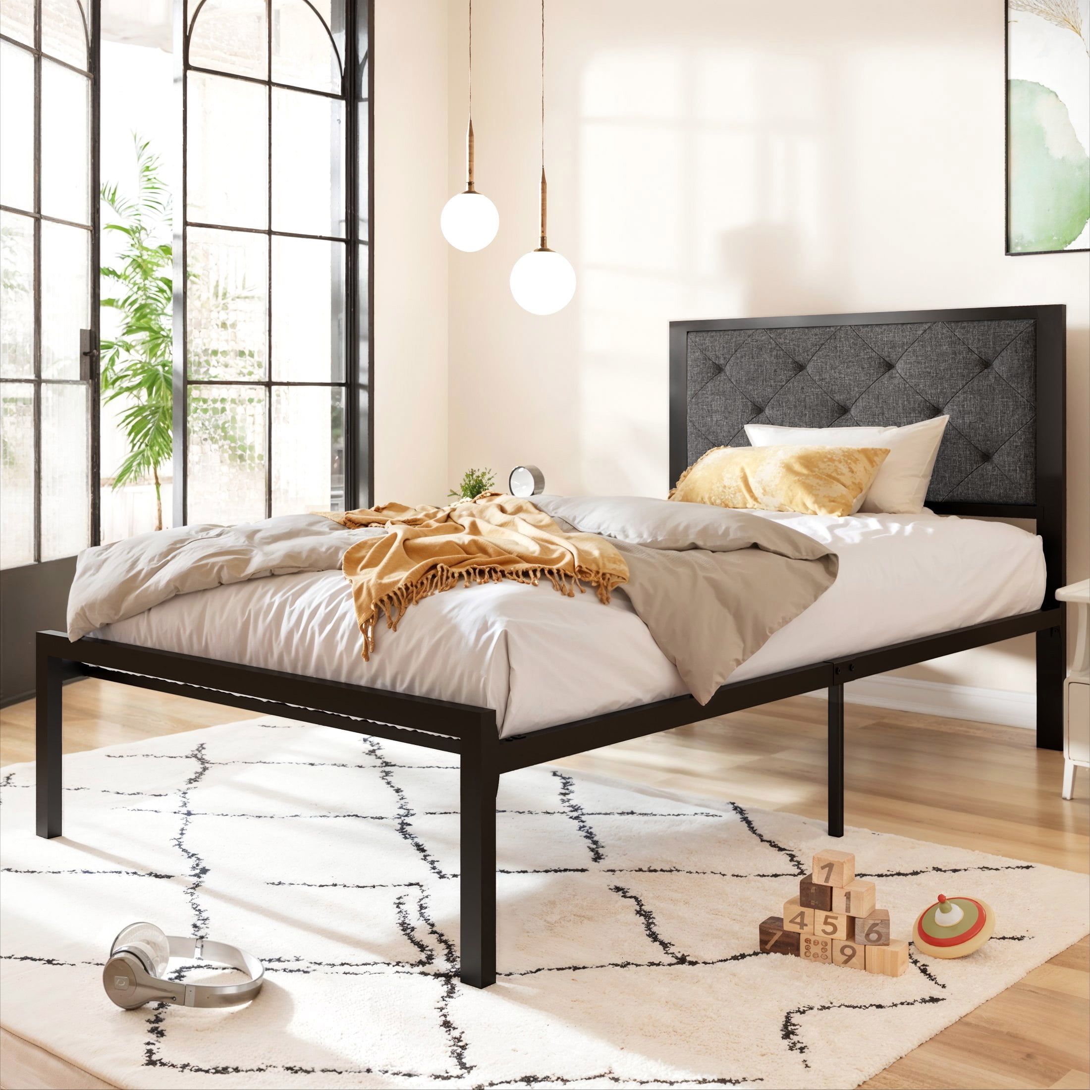 Allewie Twin Size Metal Platform Bed Frame with Tufted Diamond Stitched Fabric Headboard Dark Grey