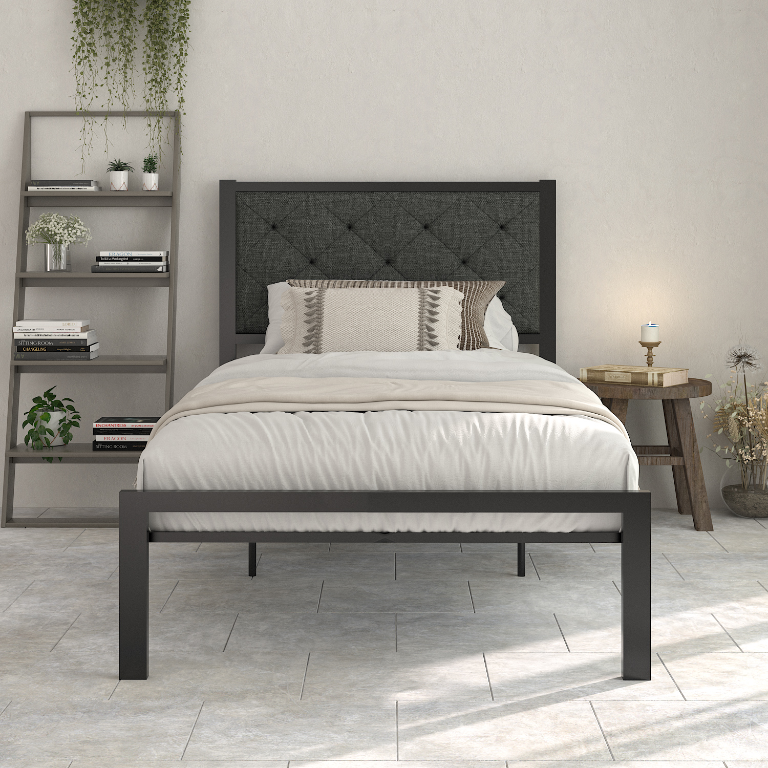 Allewie Twin Size Metal Platform Bed Frame with Tufted Diamond Stitched