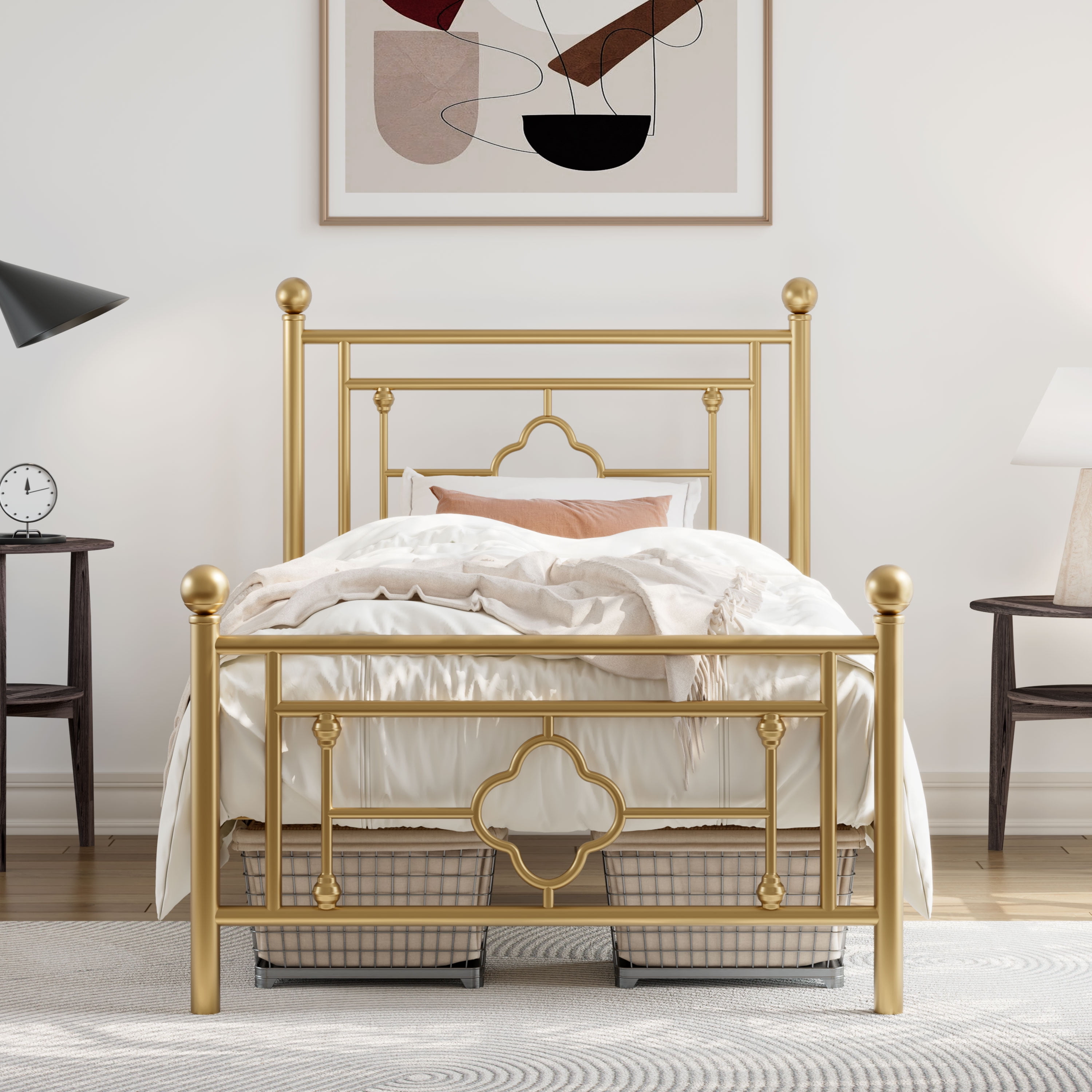 Twin Gold Metal Frame Bed with Headboard and Storage