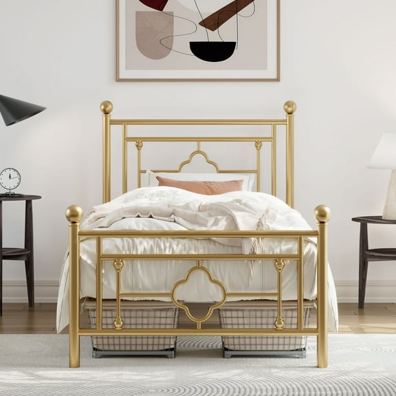 Allewie Twin Size Metal Platform Bed Frame with Victorian Vintage Headboard and Footboard, Gold