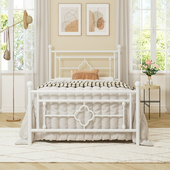 Allewie Twin Size Metal Platform Bed Frame with Victorian Vintage Headboard and Footboard, White