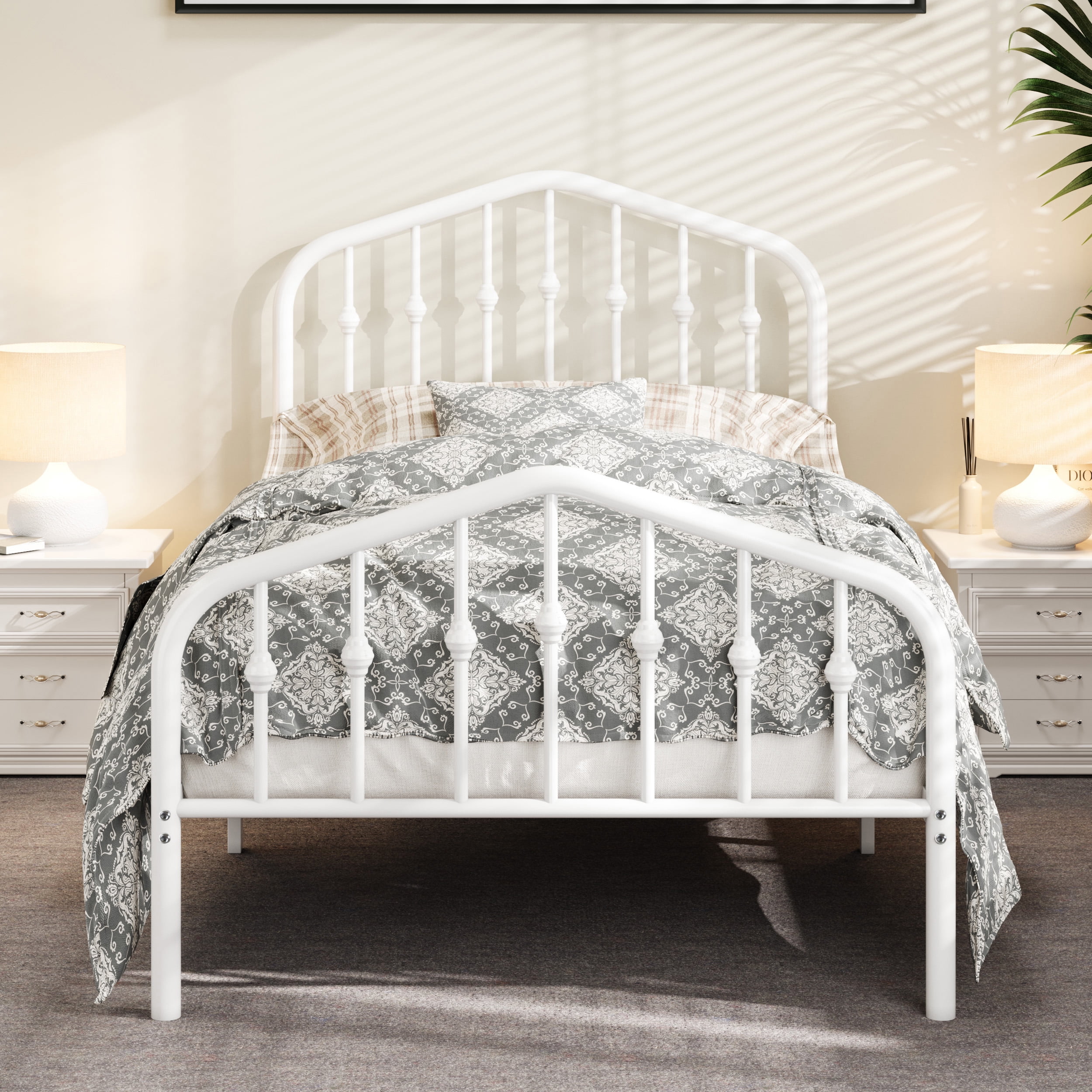 Allewie Twin Size Metal Platform Bed Frame with Vintage Headboard and Footboard, No Box Spring Needed, Easy Assembly, White