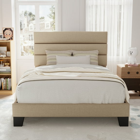 Allewie Twin Size Platform Bed Frame with Fabric Upholstered Headboard, No Box Spring Needed, Beige