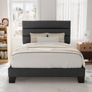 Allewie Twin Size Platform Bed Frame with Fabric Upholstered Headboard, No Box Spring Needed, Dark Grey