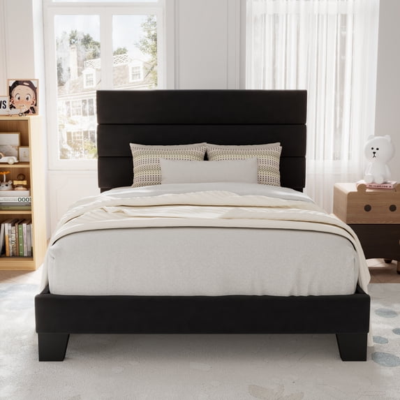 Allewie Twin Size Platform Bed Frame with Velvet Upholstered Headboard, No Box Spring Needed, Black