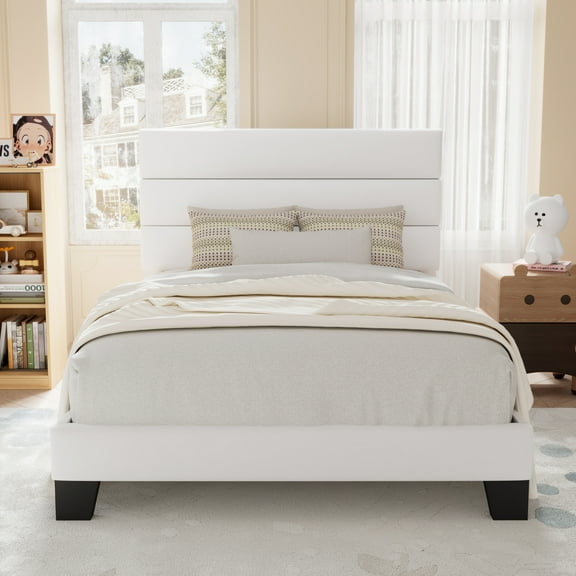 Allewie Twin Size Platform Bed Frame with Velvet Upholstered Headboard, No Box Spring Needed, White