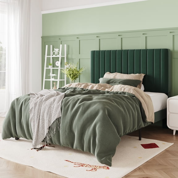 Allewie Twin Size Velvet Upholstered Platform Bed Frame with Adjustable Vertical Channel Tufted Headboard, Green