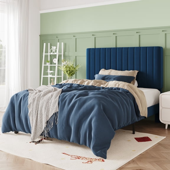 Allewie Twin Size Velvet Upholstered Platform Bed Frame with Adjustable Vertical Channel Tufted Headboard, Navy Blue