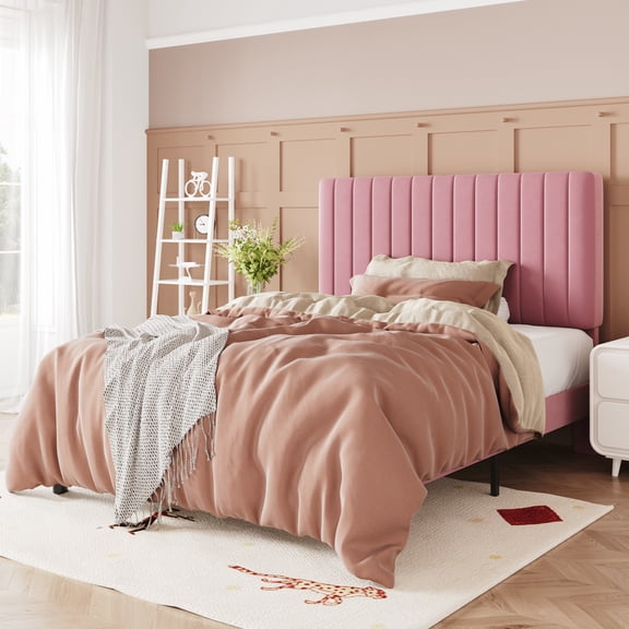 Allewie Twin Size Velvet Upholstered Platform Bed Frame with Adjustable Vertical Channel Tufted Headboard, Pink