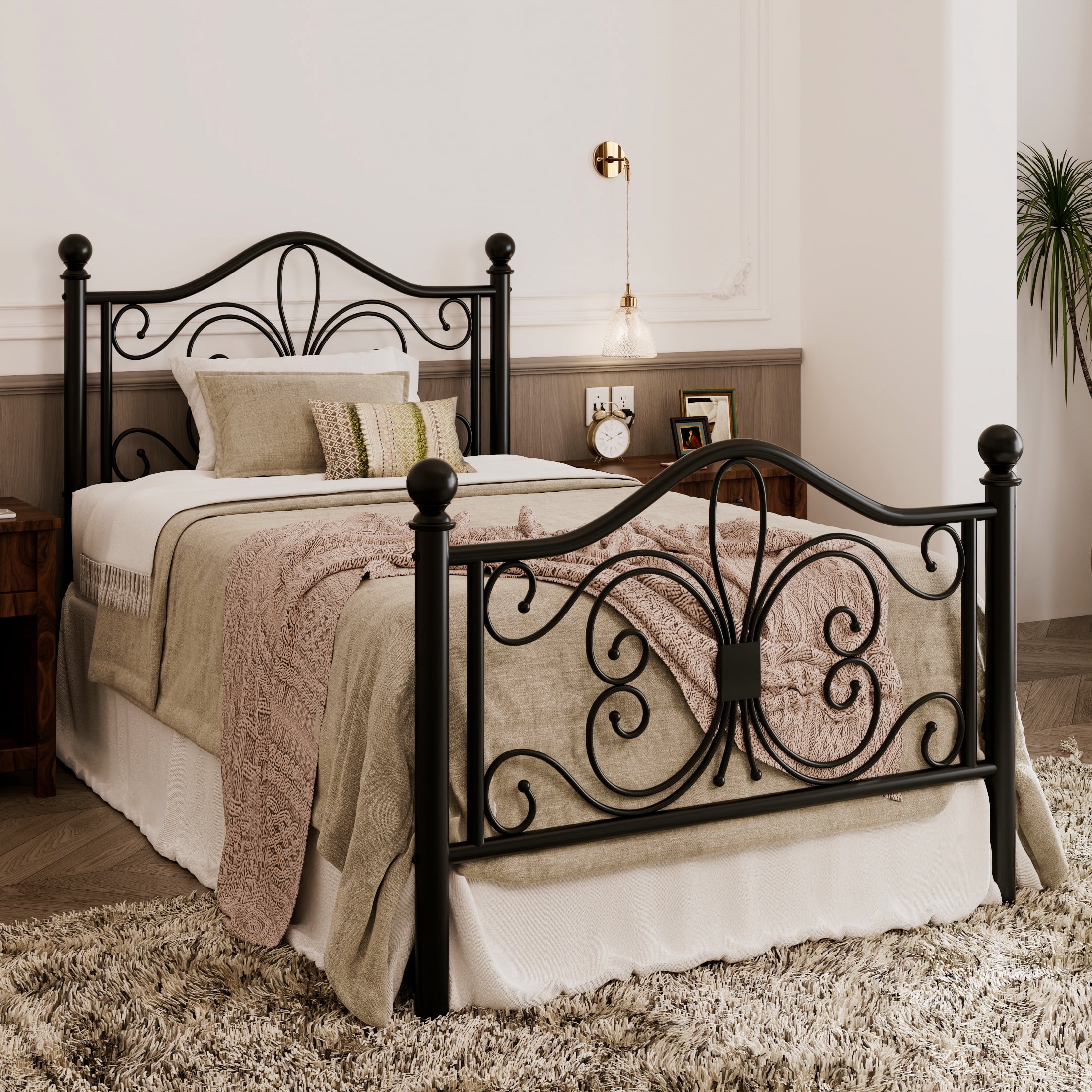 Allewie Twin Size Vintage Metal Bed Frame with Butterfly Pattern Design Headboard & Footboard, Black