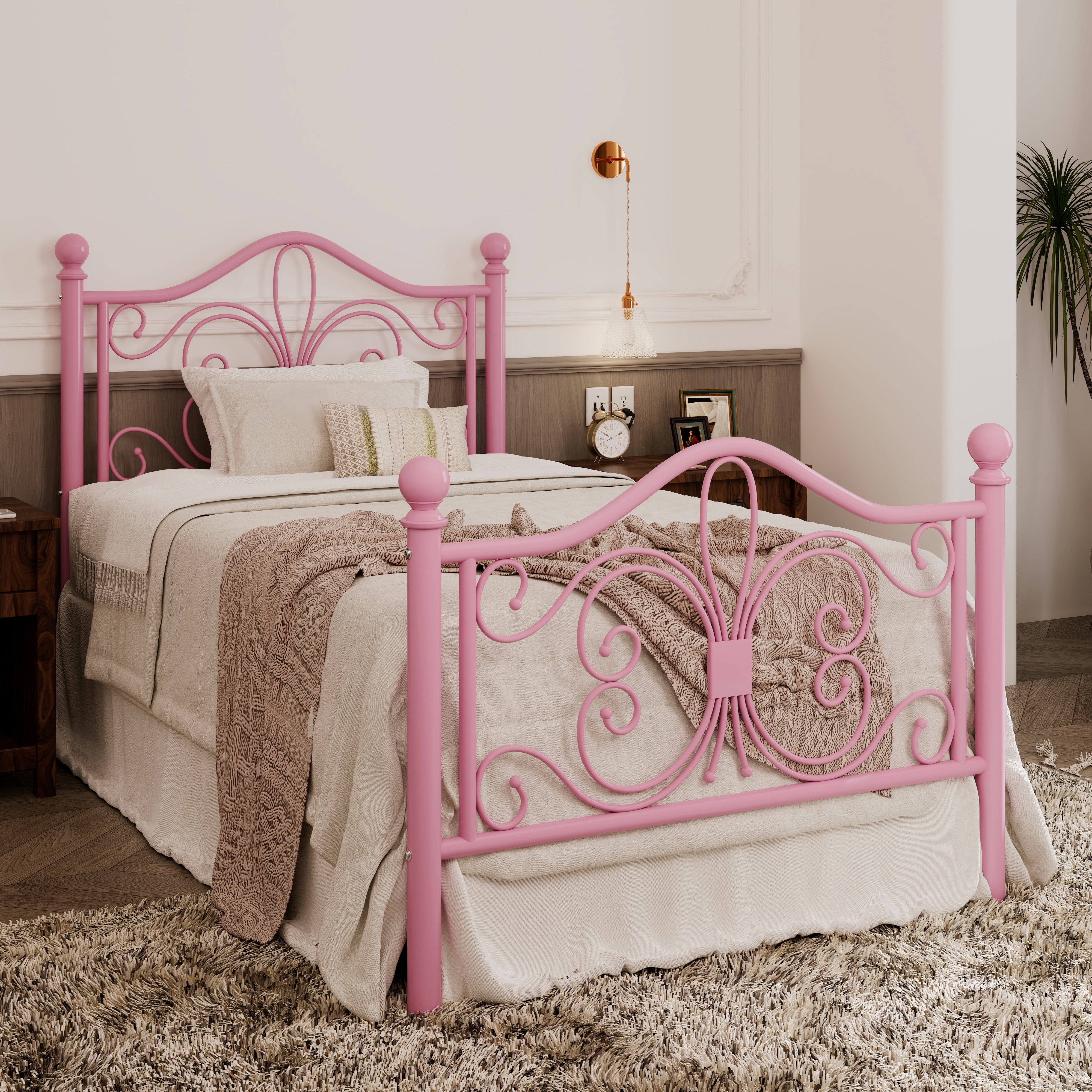 Allewie Twin Size Vintage Metal Bed Frame with Butterfly Pattern Design Headboard & Footboard, Pink