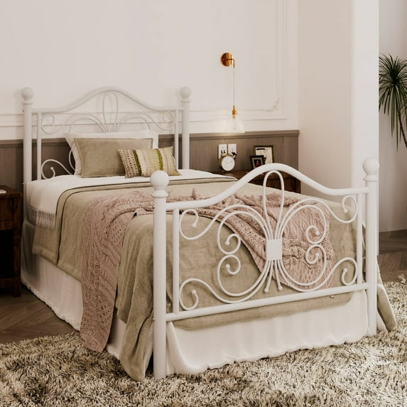 Allewie Twin Size Vintage Metal Bed Frame with Butterfly Pattern Design Headboard & Footboard, White