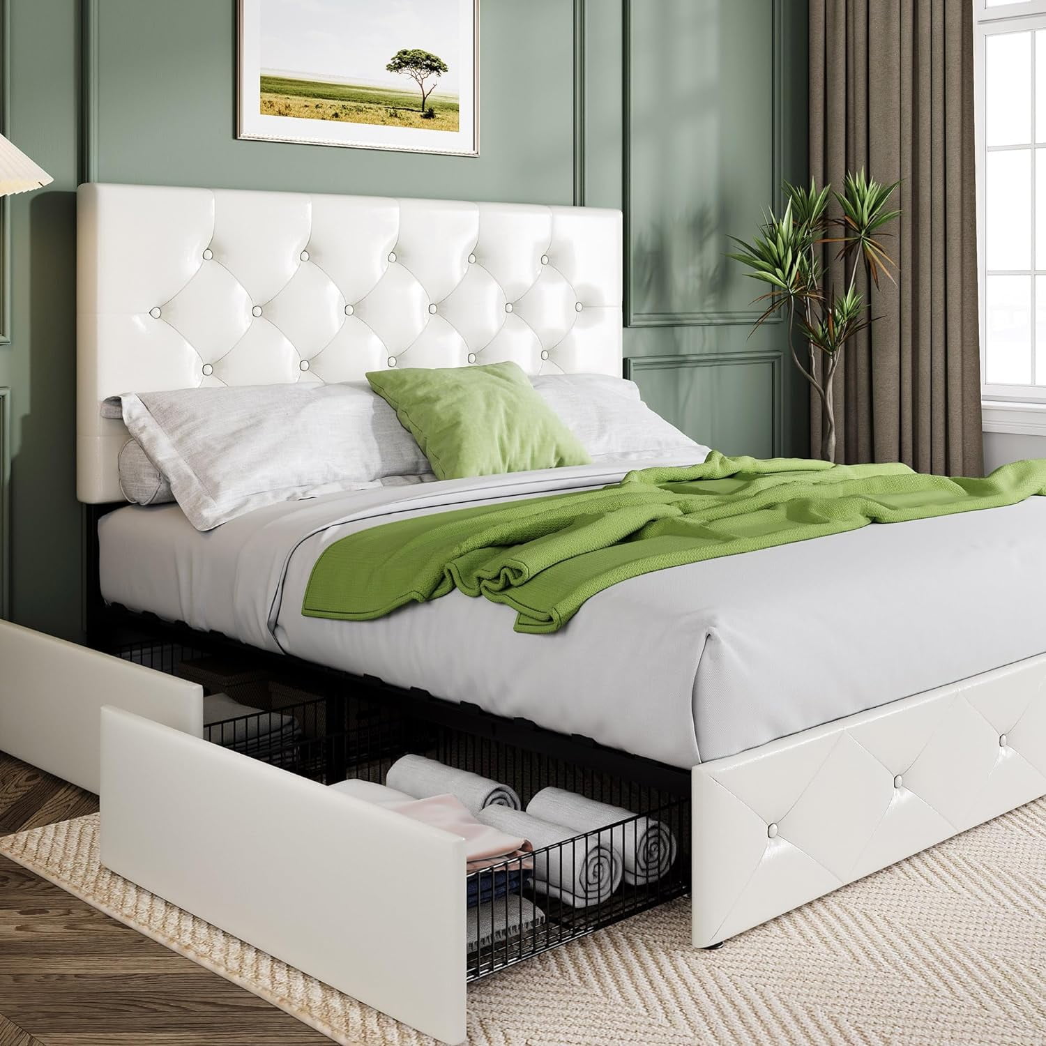 Y&Yページ Allewie Upholstered Full Size Platform Bed Frame with 4 Storage