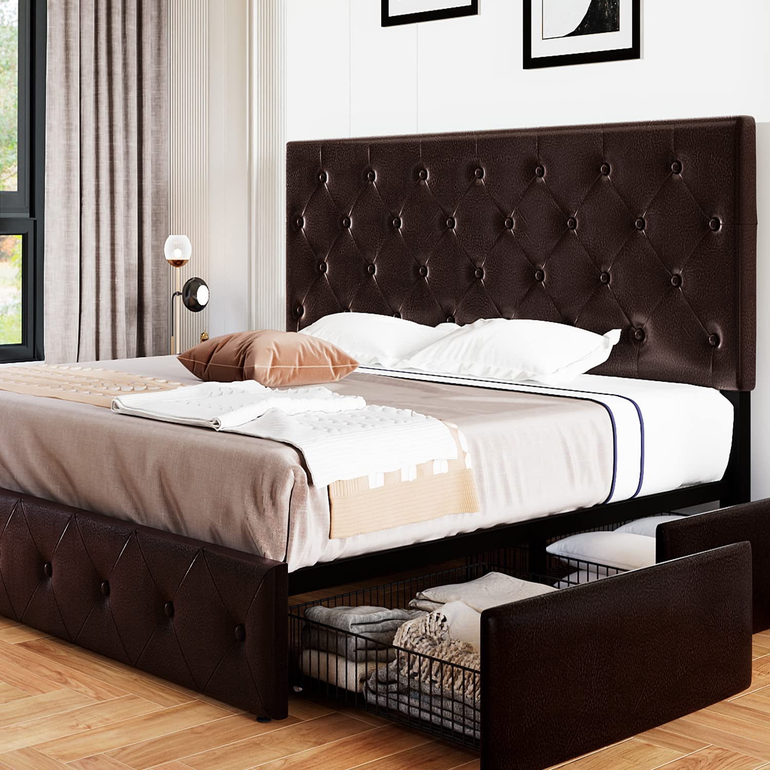 Allewie Upholstered King Size Platform Bed Frame with 4 Storage Drawers and Headboard, Diamond Stitched Button Tufted, Black Brown