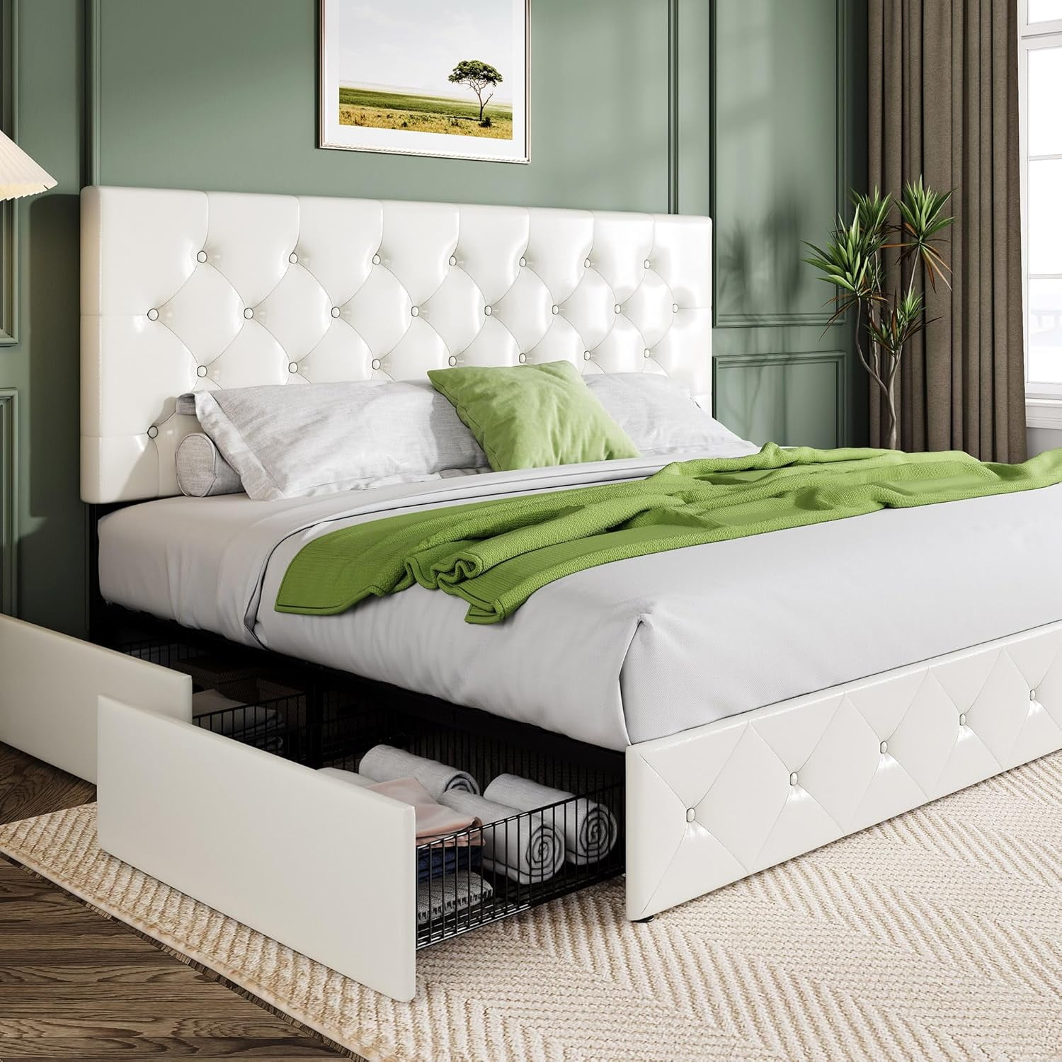 Allewie Upholstered King Size Platform Bed Frame with 4 Storage Drawers and Headboard, Diamond Stitched Button Tufted, White