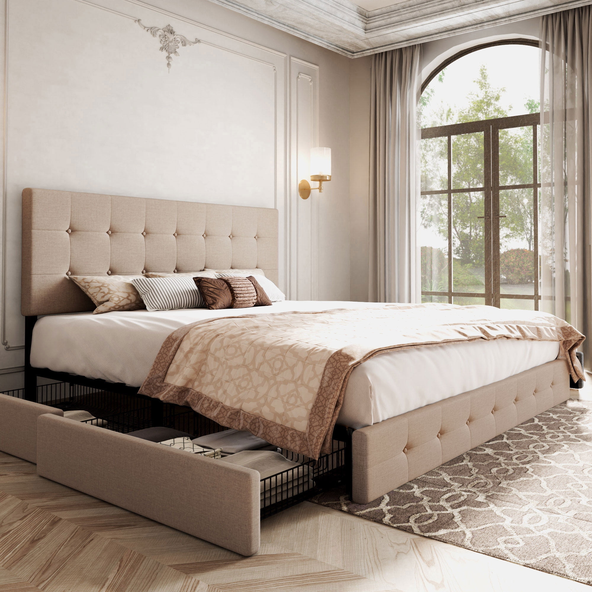 Allewie Upholstered King Size Platform Bed Frame with 4 Storage Drawers ...
