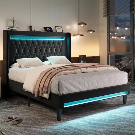 Allewie Upholstered Queen Size Platform Bed Frame with LED Light and Charging Station, Button Tufted High Headboard, Wingback Design, Noise Free, Easy Assembly, No Box Spring Needed, Black