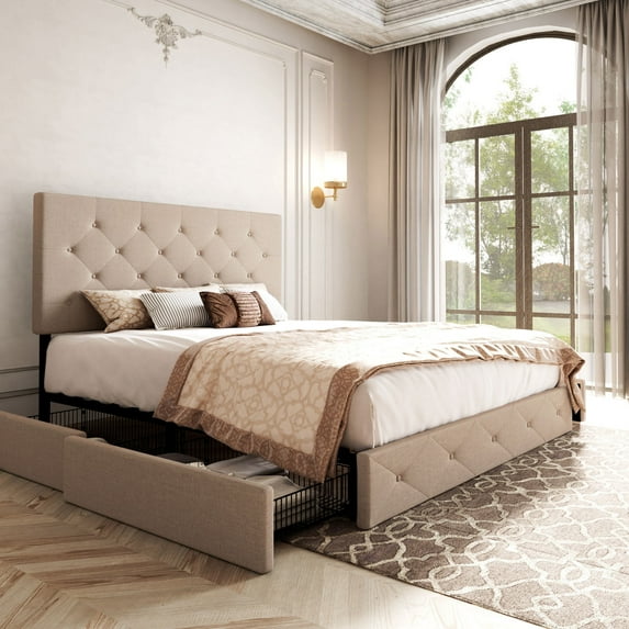 Allewie Upholstered Queen Size Platform Bed Frame with 4 Storage Drawers and Headboard, Diamond Stitched Button Tufted, Beige