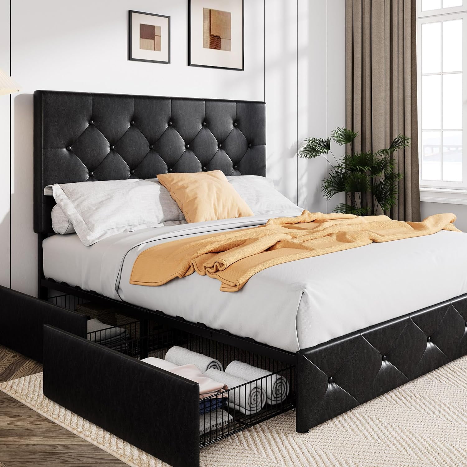 Allewie Upholstered Queen Size Platform Bed Frame with 4 Storage Drawers and Headboard, Diamond Stitched Button Tufted, Black Brown